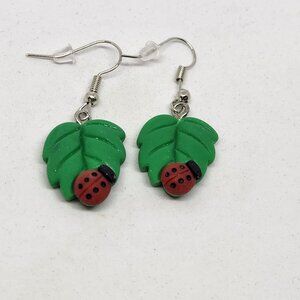 Ladybug Leaf Earrings Resin Hook Dangle